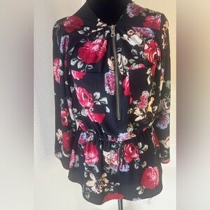J for Justify Floral Blouse Casual 3/4 Sleeves Size M Tie Neck With Front Zipper
